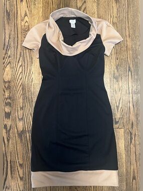 Cache Black Dress with Tan Cowl Neck and Hem